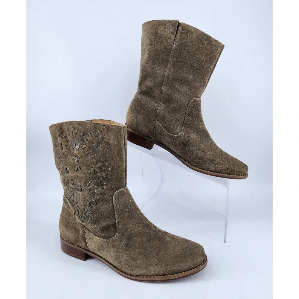 Jack Rogers Kaitlin Mid Calf Boots Womens 7M Brown Suede Whipstitch Pull‎ On